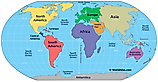 map of the world, including the five oceans: pacific, atlantic, indian, southern, arctic