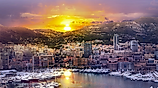 Main marina of Monte Carlo in Monaco, the country with the highest population density in Europe, at sunset.