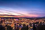 Panoramic view of Spokane, Washington's skyline at dusk.