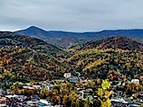 Aerial view of Gatlinburg, Tennessee during fall within the Smoky Mountains.