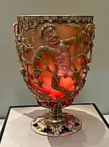 Backlit 4th Century Lycurgus Cup. Image by Chappsnet - Own work, CC BY 4.0, via Wikimedia Commons