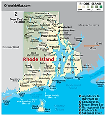 Physical Map of Rhode Island. It shows the physical features of Rhode Island including its mountain ranges, rivers and major islands. 