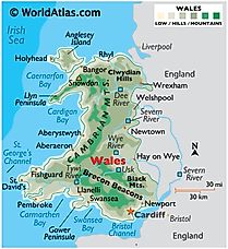 Physical Map of Wales. It shows the physical features of Wales, including mountain ranges, and important rivers. 