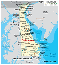Physical Map of Delaware. It shows the physical features of Delaware including its mountain ranges, coastal plains, major rivers and lakes.