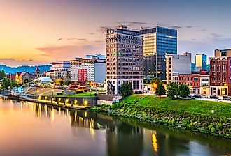 Skyline of Charleston, West Virginia, along the water.