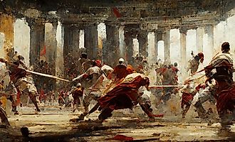 Gladiators fight in a coliseum, featured in a historic painting. Image credits DigitalAssetArt via Shutterstock