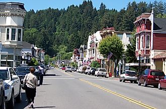 View of scenic buildings lined along a street in Ferndale, California. Editorial credit: mikluha_maklai / Shutterstock.com