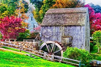 Dexter Grist Mill and water wheel landmark in Sandwich, Massachusetts, New England.