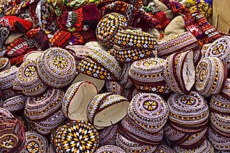 Handmade traditional hats worn by Turkmen are on display in Turkmenistan. 