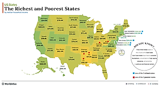 infographic showing median household income for each US state, 5 richest US states, 5 Poorest US states