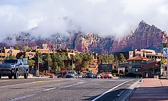 View of downtown Sedona, Arizona, with mountains in the background. Editorial credit: Frame Craft 8 / Shutterstock.com