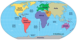 map of the world, including the five oceans: pacific, atlantic, indian, southern, arctic