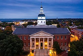 Maryland State House, in Annapolis, at dusk. Image credit: Mihai_Andritoiu via Shutterstock