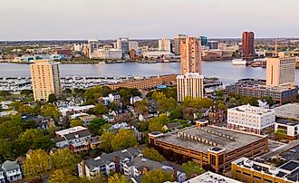 The Elizabeth River cuts through the Virginia towns of Portsmouth and Norfolk. 