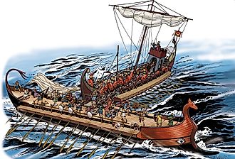 Illustration of Ancient Rome with Roman ship crow ramming Carthaginian ship.