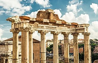 The ancient Temple of Saturn in the Roman Forum, Rome, Italy.