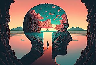 Concept of letting your mind get away from you; a brain with a door and a person walking in.