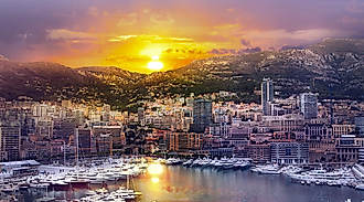 Main marina of Monte Carlo in Monaco, the country with the highest population density in Europe, at sunset.