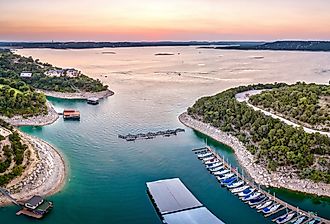 Marina On Lake Travis In Austin, Texas during sunset.