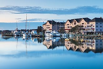 View of the town of Manteo's waterfront marina at daybreak in the Outer Banks of North Carolina.