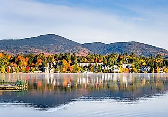 View of the Mountain Village of Lake Placid from a Foggy Mirror Lake at Sunrise