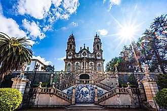 A panoramic view of the Sanctuary of Our Lady of Remedies in Lamego, Portugal. 