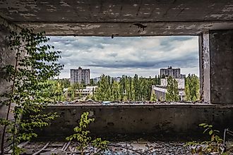 Inside the abandoned hotel in Pripyat city, located within the Chernobyl Exclusion Zone, Ukraine.