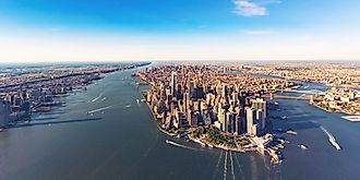 Aerial view of Lower Manhattan , New York City and the Hudson River. 