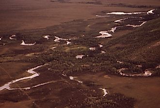 Aerial view of the crossing of the west fork of the Dall River in Alaska.