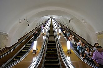 Park Pobedy is deepest station in Moscow. It also contains longest escalators in Europe, each one is 126 metres long and has 740 steps, via Selim Seval / Shutterstock.com