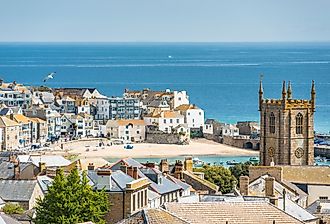 Elevated views over rooftops of St. Ives in Cornwall, England, United Kingdom, Europe