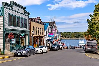 Bar Harbor, Maine, USA - October 2, 2021: A sunny Autumn morning view of the historic Main street of the resort town on Mount Desert Island at shore of Frenchman Bay.