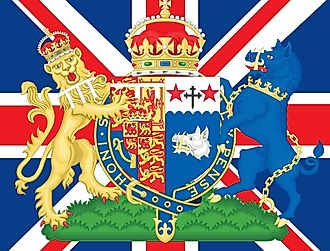 Camilla coat of arms on the United Kingdom flag, Queen Consort of the King Charles Third, 2022. Image credit Fabrizio Annovi via Shutterstock