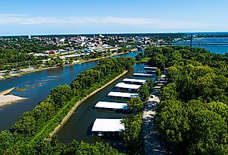 Aerial view of Mississippi River and Quincy, Illinois.