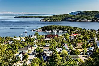 Aerial view of the picturesque town of Tadoussac, Quebec.