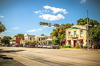 Fredericksburg, Texas, USA-07 September 2019 : The Main Street in Frederiksburg, Texas, also known as "The Magic Mile", with retail stores and poeple walking