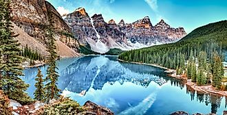 Moraine lake panorama in Banff National Park, Alberta, Canada.