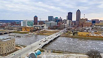 Cedar River in Cedar Rapids, Iowa, on a clear day.