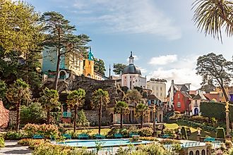 Scenic foliage and buildings in the town of Portmeirion in North Wales.