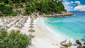 Aerial view of a gorgeous white sand beach in Thassos Island, Greece.