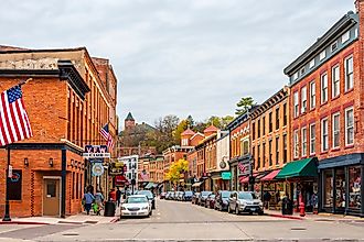 People walking down the sidewalks on historical Main Street in Galena, Illinois. Image credit Nejdet Duzen via Shutterstock