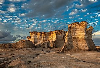 Golden hour at Monument Rocks in Kansas.