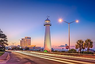 On the road in Biloxi, Mississippi, with Biloxi Lighthouse view.