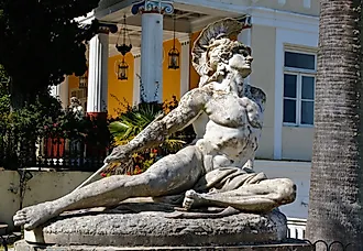 A statue of a wounded Achilles on Corfu island, Greece.