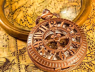 Vintage magnifying glass and pocket watch. Map of the Ancient World. Image credit RUl8let via shutterstock