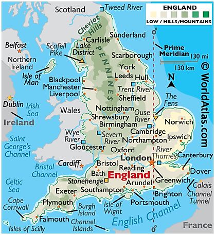 Physical Map of England. It shows the physical features of England, including mountain ranges, important rivers, and major lakes.