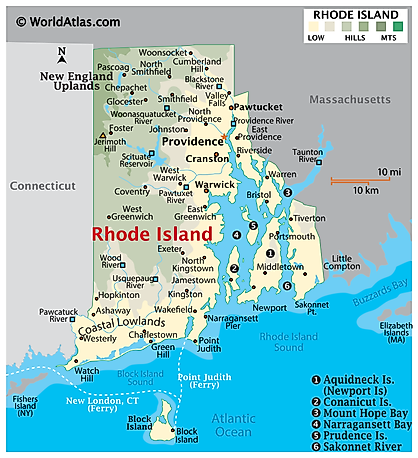 Physical Map of Rhode Island. It shows the physical features of Rhode Island including its mountain ranges, rivers and major islands. 