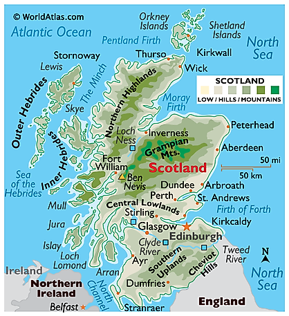 Physical Map of Scotland. It shows the physical features of Scotland, including mountain ranges, notable rivers and island groups. 