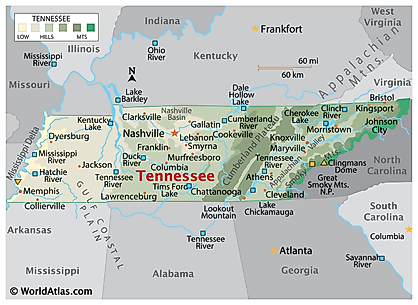 Physical Map of Tennessee. It shows the physical features of Tennessee including its mountain ranges, major rivers and lakes.