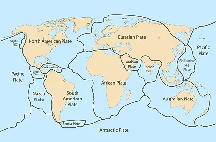 Tectonic plates outlined on the globe.